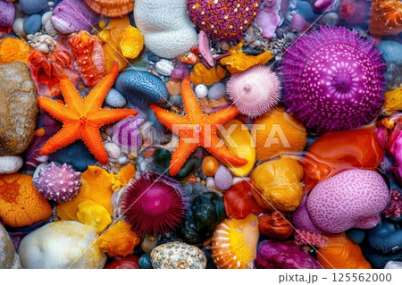 Colorful tidal pools showcasing starfish and sea urchins in bright midday light 125562000