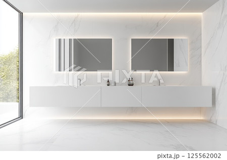 Bright contemporary bathroom showcases a dual vanity with backlit mirrors and a frameless shower Bright contemporary bathroom showcases a dual vanity with backlit mirrors and a frameless shower 125562002