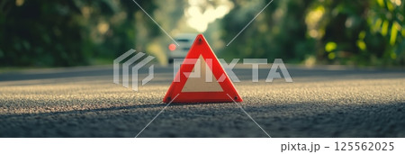 Red warning triangle on dark asphalt road signaling car breakdown, with a blurry white car in the background and lush green vegetation, highlighting caution and danger 125562025