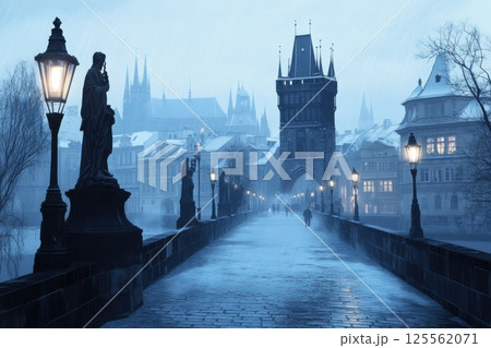 Historic Prague bridge with gothic statues and lanterns amidst rolling mist over the river 125562071