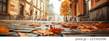Charming autumn streets of an old European town in warm tones with vibrant leaves 125562096