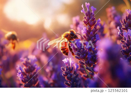 Honeybee collects nectar from a lavender flower in natural light during golden hour Honeybee collects nectar from a lavender flower in natural light during golden hour 125562101