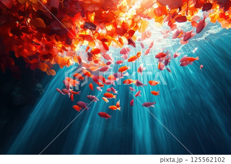 Colorful fish swimming over coral reef in bright sunlight filtering through the water Colorful fish swimming over coral reef in bright sunlight filtering through the water 125562102