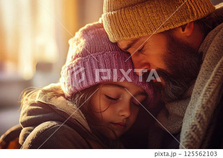 Father provides comfort to teenage child in cozy living room after a difficult day Father provides comfort to teenage child in cozy living room after a difficult day 125562103
