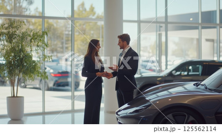 Professional car salesman showing a new electric vehicle to a potential customer inside a modern dealership. Discussing features and financing options while standing next to a sleek. Gray sports car 125562114