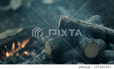 Close up of smoldering wood logs emitting smoke, slowly transforming into embers, with a blurred bonfire in the background, creating a warm and captivating scene 125562161