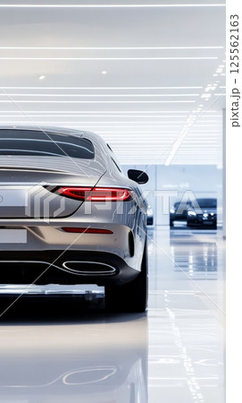 Back view of a new silver luxury car parked on a shiny showroom floor, reflecting the bright overhead lights and creating a sense of high end automotive retail 125562163