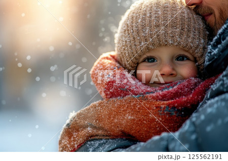 Dad wraps scarf around childs neck during winter outing in snowy landscape 125562191