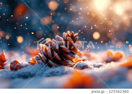 Freshly fallen snow blankets pine cones under bright sunlight in a winter landscape 125562360