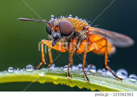 Macro capture of a small insect resting on dew covered grass blade in nature setting 125562361