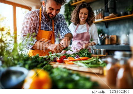 Couple enjoys cooking together in a vibrant kitchen while sharing love and teamwork 125562362