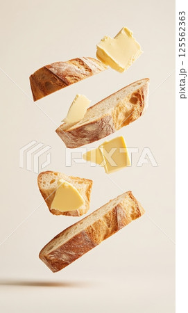 Levitating crunchy slices of freshly baked bread topped with creamy butter against a beige background create a visually enticing composition celebrating this delicious pairing 125562363