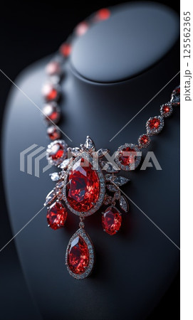 Platinum jewelry set showcases striking garnet stones with intricate detailing 125562365
