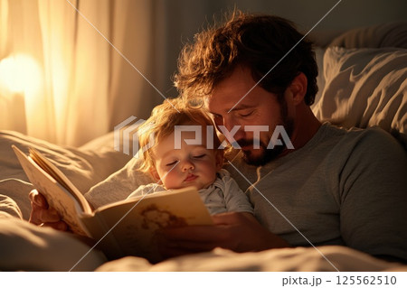 Father reading a bedtime story to his toddler under warm lighting in a cozy setting 125562510