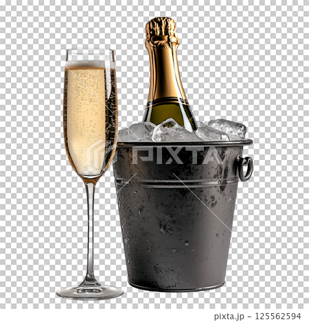 realistic champagne bottle placed in an ice-filled bucket next to a tall glass of sparkling wine on a transparent background, isolated for food and beverage design or celebration themes 125562594