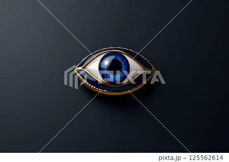 Elegant Turkish evil eye amulet with glossy blue glass and gold accents on dark background 125562614