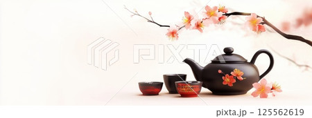 Traditional Japanese tea set beautifully arranged on soft pastel background with floral accents 125562619