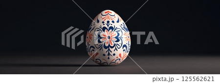 Ukrainian pysanka Easter egg with symmetrical patterns on dark background for contrast Ukrainian pysanka Easter egg with symmetrical patterns on dark background for contrast 125562621