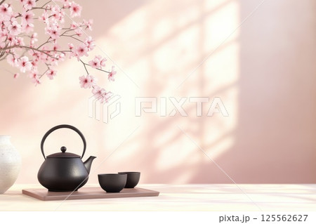 Black ceramic Japanese tea set on a pastel background in a serene setting Black ceramic Japanese tea set on a pastel background in a serene setting 125562627