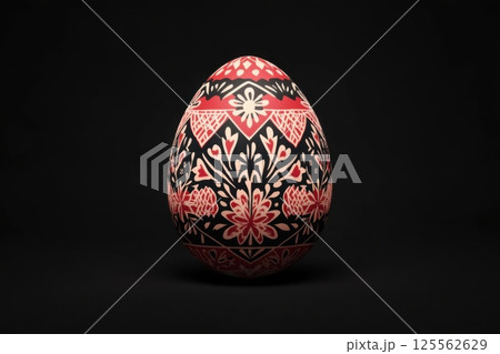Ukrainian pysanka Easter egg features intricate patterns against dark background Ukrainian pysanka Easter egg features intricate patterns against dark background 125562629