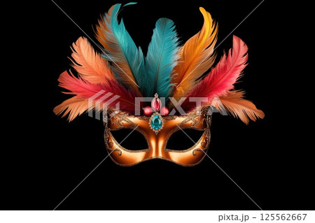 Brightly colored Brazilian carnival mask with feathers and gems on dark background 125562667