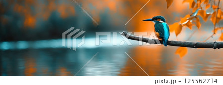 Kingfisher with vibrant blue and orange plumage is perching on a branch extending over a serene lake, the warm autumnal colors of the surrounding foliage reflected in the tranquil water 125562714