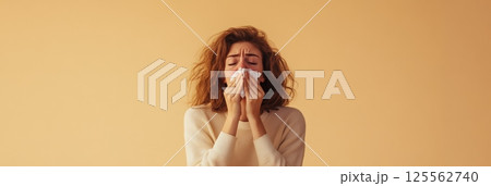 Young woman blowing her nose with tissue, suffering from cold or flu, seasonal illness or allergies, feeling unwell and unhealthy, isolated on beige background Young woman blowing her nose with tissue, suffering from cold or flu, seasonal illness or allergies, feeling unwell and unhealthy, isolated on beige background 125562740