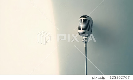 Vintage microphone stands on a stage, bathed in the spotlight, ready for a singer, speaker, or comedian to perform, evoking nostalgia and the golden age of entertainment 125562767