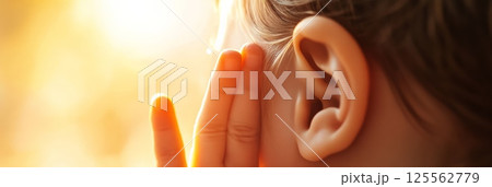 Close up of child's ear and hand, emphasizing the importance of hearing and addressing potential hearing problems, highlighted by a warm, inviting light 125562779