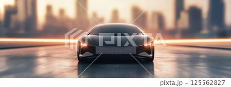 Futuristic driverless electric car cruising on the highway against the backdrop of a vibrant sunset over a modern cityscape, showcasing advanced automotive technology and sustainable transportation 125562827
