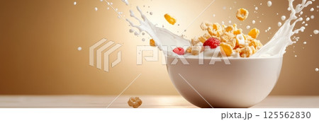 Milk splashing in a white bowl filled with cereal and raspberries, creating a dynamic and appetizing scene against a warm background, ideal for food and beverage promotions 125562830