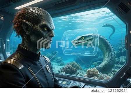 宇宙船から地底の水中で餌の魚の汚染度などを調べている 125562924