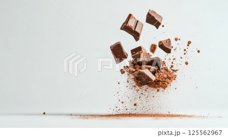 Chocolate chunks and cocoa powder exploding and levitating on a white background, creating a visually appealing scene perfect for food and beverage advertising 125562967