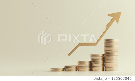 Stacks of gold coins with upward arrow demonstrating increasing profits, financial success, and positive investment trends in the global economy 125563046