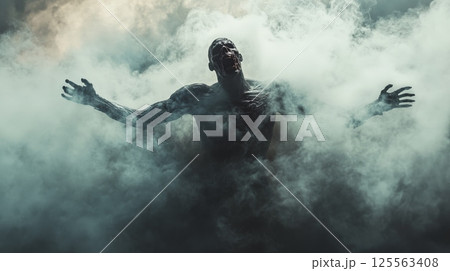 Emerging from a cloud of toxic fumes, a terrifying zombie with open arms and mouth screams in a post apocalyptic, horror filled scene of survival and decay 125563408