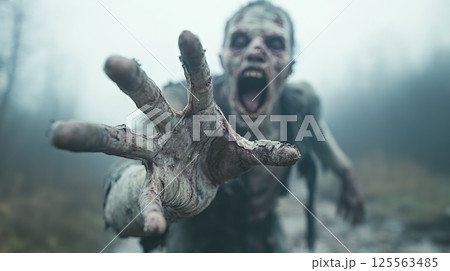 Aggressive undead creature with decaying skin and open mouth is extending a dirty hand in a foggy forest, creating a spooky and thrilling halloween scene 125563485