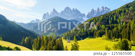 Breathtaking mountain landscape with green forest and peaks at sunrise near Valley of Funes at Dolomites, Italy Breathtaking mountain landscape with green forest and peaks at sunrise near Valley of Funes at Dolomites, Italy 125563500