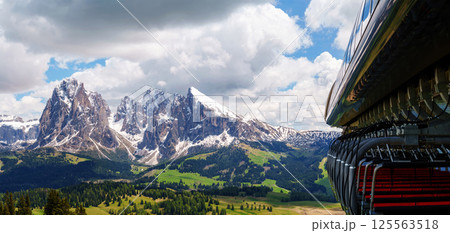 Mountain train journey overlooking majestic peaks and lush valleys near Valley of Funes at Dolomites, Italy Mountain train journey overlooking majestic peaks and lush valleys near Valley of Funes at Dolomites, Italy 125563518