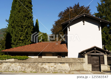 House with Red Roof and Tall Cypress Trees House with Red Roof and Tall Cypress Trees 125563547