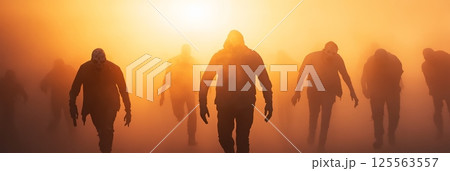 Creepy undead figures approaching menacingly during an apocalypse, shrouded in fog against a haunting orange background, with a dim sun casting eerie shadows on the scene 125563557