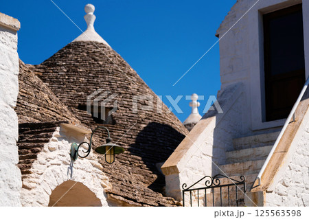 Trulli rooftops and white stone building in Alberobello Trulli rooftops and white stone building in Alberobello 125563598