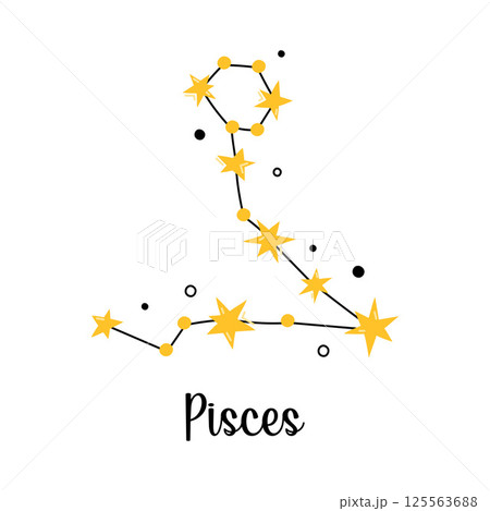 Pisces Zodiac constellation. Vector isolated astrological sign, symbol, element. Constellation scheme with cute stars and doodles. Simple design of clipart illustrations Pisces Zodiac constellation. Vector isolated astrological sign, symbol, element. Constellation scheme with cute stars and doodles. Simple design of clipart illustrations 125563688