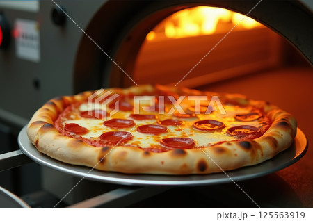 Gourmet pepperoni pizza freshly baked in traditional brick oven setting. AI generation Gourmet pepperoni pizza freshly baked in traditional brick oven setting. AI generation 125563919