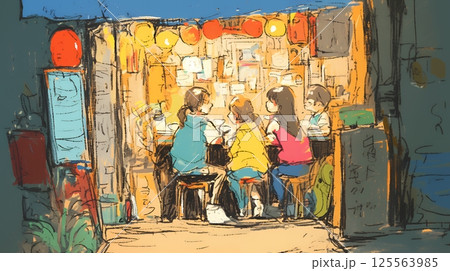 昭和の匂いがする昔ながらの飲み屋（クレヨンと水彩画風）
