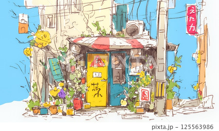 昭和の匂いがする昔ながらの飲み屋（クレヨンと水彩画風）