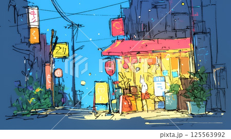 昭和の匂いがする昔ながらの飲み屋（クレヨンと水彩画風）