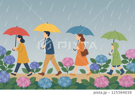 雨の中紫陽花を眺めながら歩く家族のイラスト 125564039