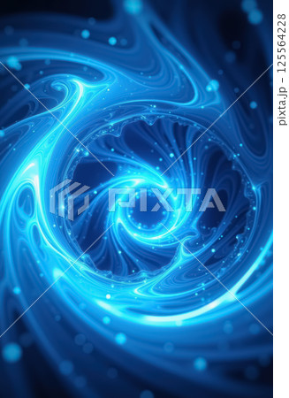 Vibrant blue swirling energy vortex with glowing particles in motion. AI generation 125564228