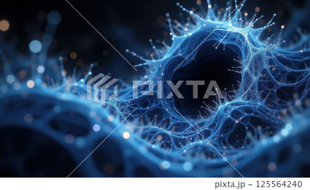 Abstract blue neural network with glowing connections in dark background. AI generation Abstract blue neural network with glowing connections in dark background. AI generation 125564240