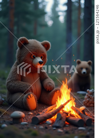 Adorable bears enjoy a campfire in a forest setting. AI generation 125564246